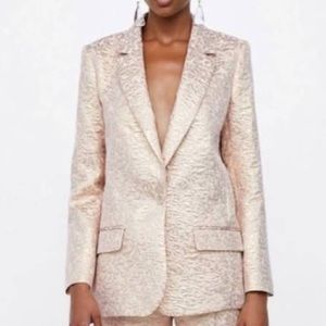 NEW Zara Basic Oversized Pink Gold Jacquard Blazer